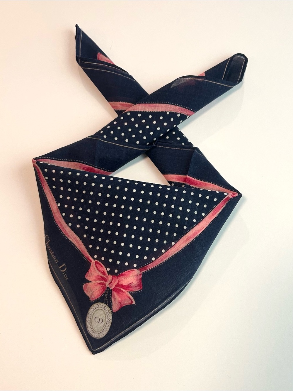 WOMEN HANDKERCHIEF CHRISTIAN DIOR FLORAL Blue Pink Bow COTTON POCKET SQUARE 18”